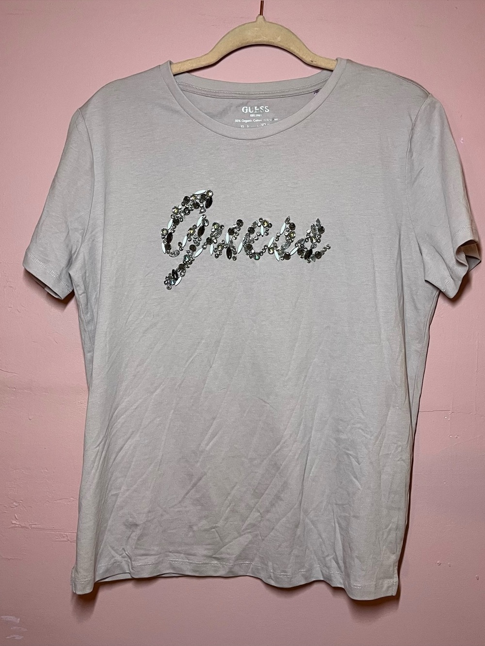 Guess Womens  Purple Pink Rhinestone Jewel Logo Short Sleeve T-Shirt Size XL NWT